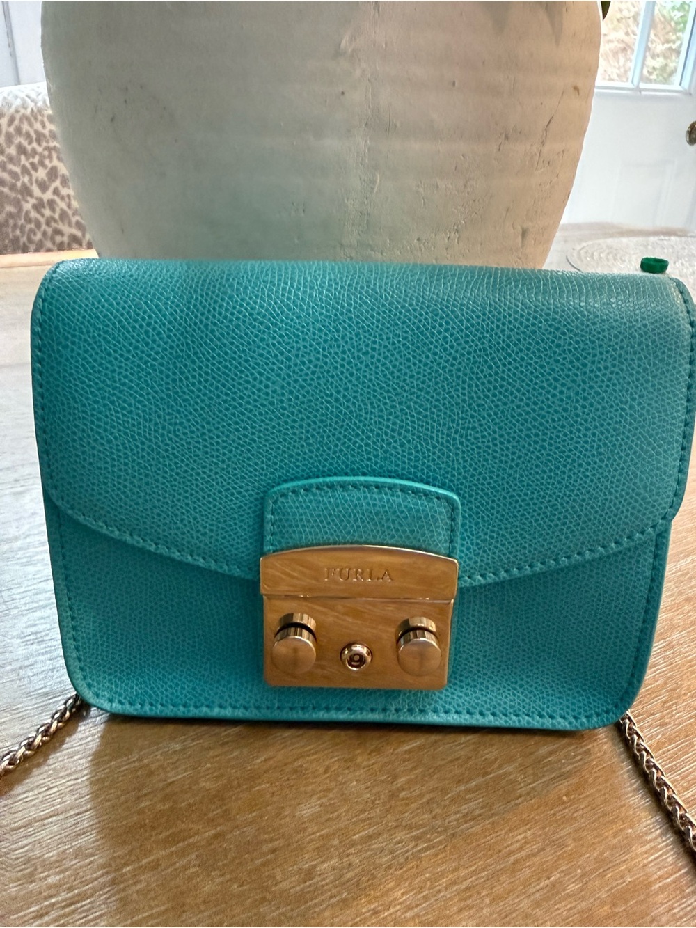 Furla Turquoise Leather Crossbody with Gold Lock